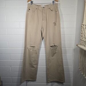 NWT KanCan Long Distressed Wide Leg Jeans 13 Tan High Rise Button Fly Casual